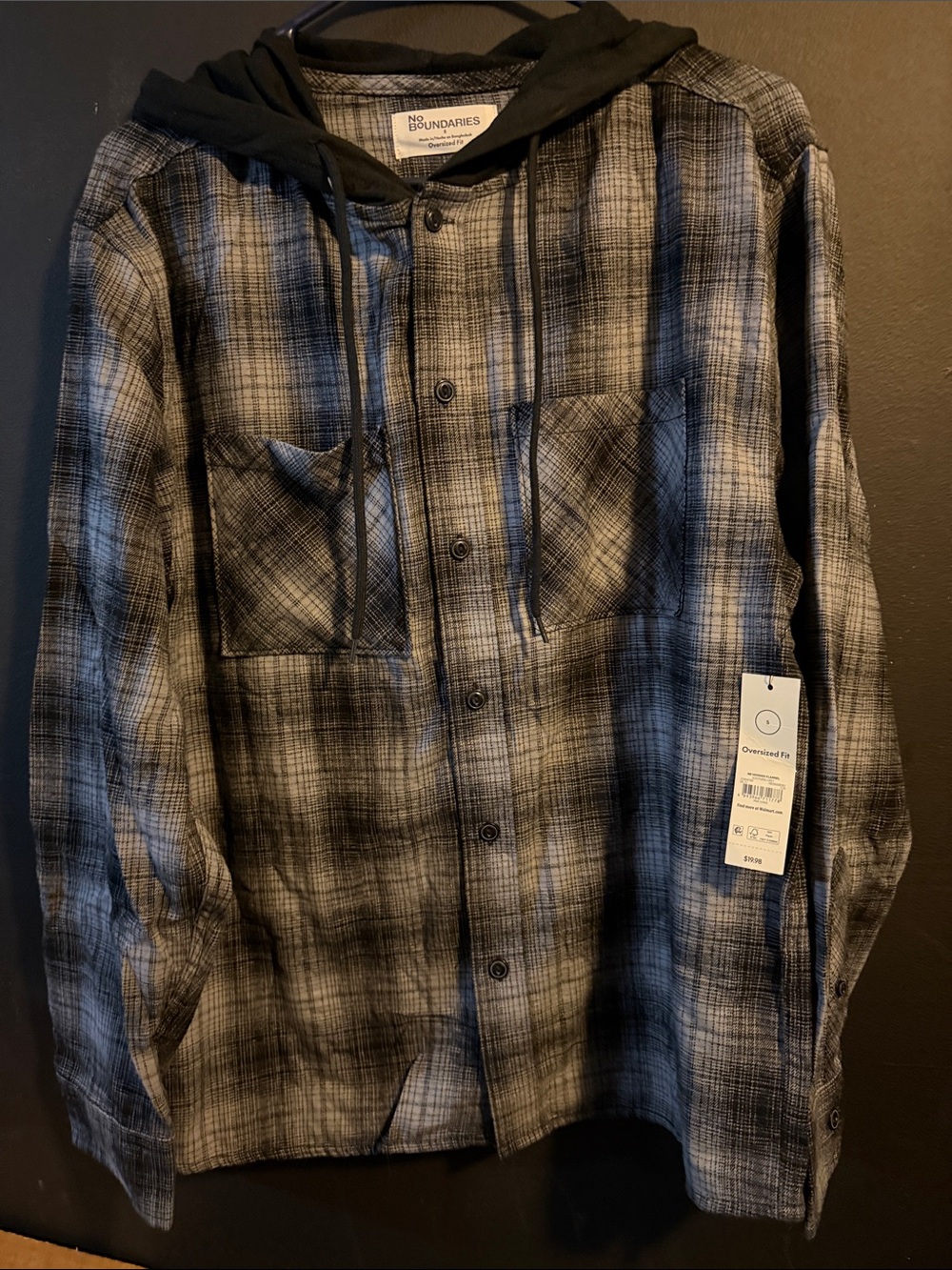 No Boundaries Black and Gray Plaid Hooded Button-Up oversized fit size small